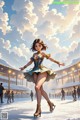 A woman in a blue dress skating on an ice rink.